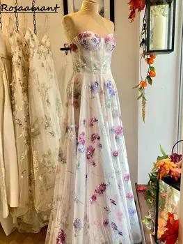 Real Image Illusion Vestuvinės suknelės be rankovių A-Line Sweetheart Floral Print Boho Country Nuotakos suknelės