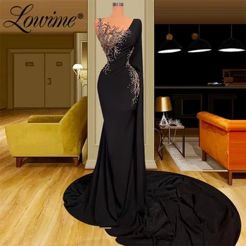Lowime Long Train Juodos vakarėlių suknelės vestuvėms 2023 Custom Beading Crystal Formal Evening Gowns Arabic Prom Dresses Chalatai