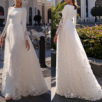 Nėrinių aplikacijos vestuvinė suknelė Individualizuota A linijos grindų ilgio balta vestuvinė suknelė ilgomis rankovėmis Elegantiška rutulinė suknelė, tinkanti bankui