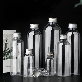 10PCS 5ml-500ml Tušti skaidrūs plastikiniai buteliai su aliuminio užsukamu dangteliu Kelioniniai kosmetikos indai eteriniams aliejams Losjonų kremai