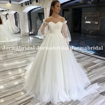 Off Pečių vestuvinės suknelės su aplikacija pūstomis rankovėmis Polka Dot Tulle Ball suknelė Nuotakos suknelė 2021 Nėriniai atgal vestido de novia