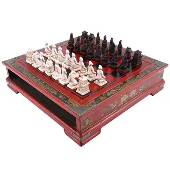 Mediniai šachmatai Kinų retro Terakotos kariai Šachmatai Mediena Daryti seną drožybos derva Šachmatininko Kalėdų gimtadienio premium dovana