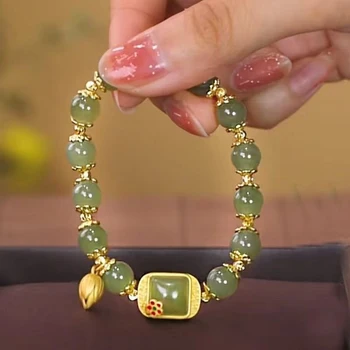 Fashion Creative Lotus Pendant Lucky Beaded Bracelet Vintage Light Luxury Handmade Jewelry Bangle for Women Girls Birthday Gift
