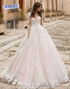 Illusion A-line vestuvinės suknelės Sexy Deep V-neck Bride Gown Classic Romantic Floor-length Suknelė nuotakos chalatui De Mariée