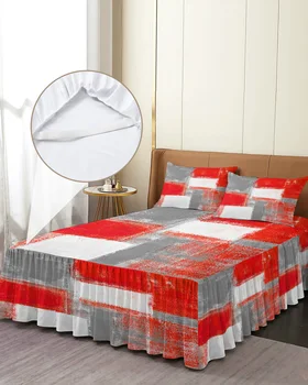 Raudona pilka balta aliejinė tapyba Abstraktus geometrinis lovos sijonas Prigludusi lovatiesė su pagalvių užvalkalais Čiužinio užvalkalas Patalynės komplektas Patalynės paklodė