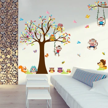 Pasidaryk pats medžiai Beždžionių pelėda mielas gyvūnas Sienos lipdukas vaikams Kambariai Svetainė Miegamasis PVC freska Didelis didelis sieninis paveikslas namų dekorui