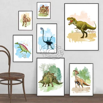 Akvarelės dinozaurų plakatų atspaudai Vaikų darželis Vaikai Miegamojo dekoras Santrauka T-Rex Stegosaurus Pterosauria drobė Tapyba Sienų menas