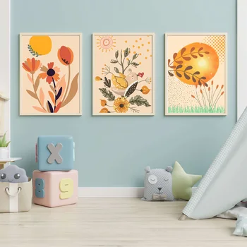 Boho animacinis filmas Saulės paukščių gėlių lapai Augalų plakatai Spausdinti Estetinė drobė Tapyba Miegamasis Sienų menas Svetainės dekoravimas