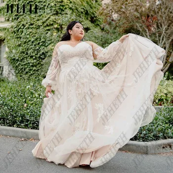 JEHETH Elegantiškos vestuvinės suknelės be rankovių plius dydis Mielaširdingas Užtrauktukas Atgal Nuotakos chalatai Nėrinių aplikacija A-Line vestidos de novia