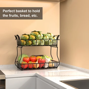 Metalinis virtuvės nuimamas vaisių krepšelio laikiklis Nešiojama medinė rankena Dvigubo sluoksnio lentynos lentyna vaisiams Daržovės Didelis priedas