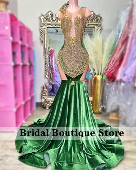 Sparkly Diamonds Green Prom Suknelės juodaodėms mergaitėms Aksomo krištolo karoliukai Kalnų krištolas Gimtadienio suknelė Vestuvių priėmimas