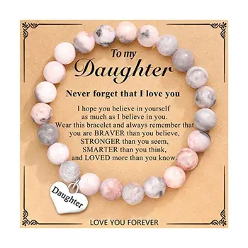 Mano dukrai Nerūdijantis plienas Meilė Širdies pakabukas Natūralus rožinis akmuo Žavesys Karoliukais Apyrankė su dovanų kortele Moterų mergaičių papuošalai