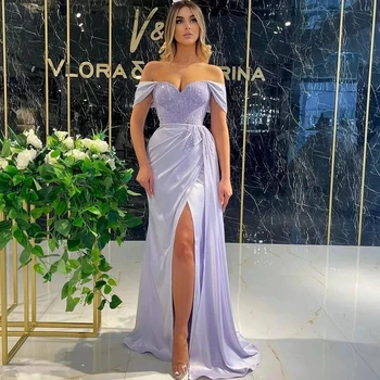 LINDO NOIVA Violetinės prom suknelės 2024 Off Shoulder Sequins Vakarinės suknelės Saudo Arabija High Split Plesuotos kokteilių vakarėlių suknelės