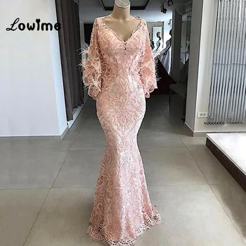 Plunksnų nėrinių rožinės arabiškos vakarinės suknelės 2019 Nauja Couture undinės vakarėlio suknelė su švarku Prom chalatai V kaklas Artimieji Rytai Formalus