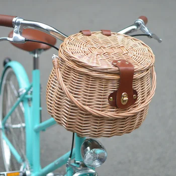 Senovinis dviratis Rotango pynimas Šiaudų krepšys Pastoralinis vėjo diržo dangtis Kempingo duonos krepšelis Nešiojamas motociklas Pikniko krepšys