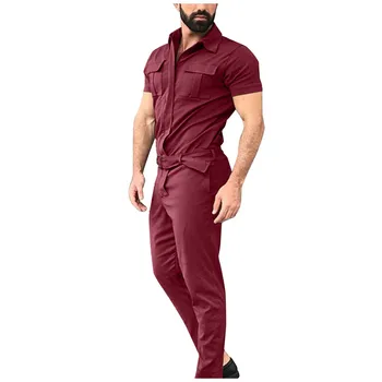 Vyriškas stand-up apykaklės viengubas kombinezonas su priekinės kišenės dizainu Vasarinis diržas trumpomis rankovėmis Vienspalvis darbo drabužių kostiumas