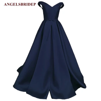 Angelsbridep Sexy V-Neck Navy Blue Prom suknelės 2022 Chalatas De Mariee Pageant suknelės moterims Vakarėlių chalatai Satino oficialūs chalatai