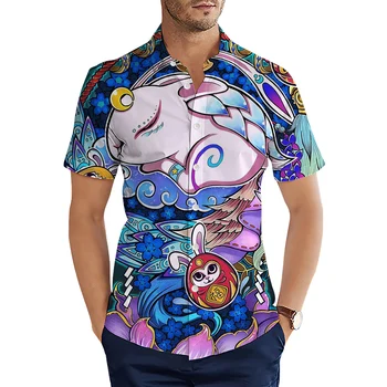HX Ukiyo-e marškinėliai Juokingi mieli Zodia Mouse Art 3D spausdinti laisvalaikio marškiniai trumpomis rankovėmis Tops Harajuku Havajų marškiniai Camisas