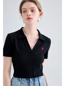 MOLAN Summer Moteriški marškinėliai Design Heart Crop Fashion Short Sleeve V Neck Ladies Fashion Casual Tee Shirt Street Wear Female Top