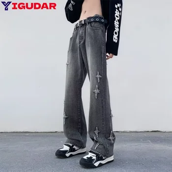Vyriški aukštosios gatvės džinsai Laisvi džinsai Ilgos kelnės Hip Hopas Vyriškas Honkongo stilius Siuvinėtos laisvos plačių kojų kelnės Vaikino džinsai