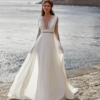 Elegantiška balta suknelė su giliais V formos kaklo nėriniais ilgomis rankovėmis Illusion Tiulis Grindų ilgio vakarinė suknelė moterims vestidos de novia