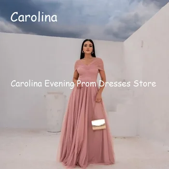 Carolina Chiffon A-line Off-the-shouler Ruffle Prom Gown Floor Length Saudi Evening Oficiali elegantiška vakarėlio suknelė moterims 2023