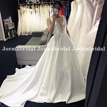 Paprasta A linijos vestuvinė suknelė su kišenėmis Deep V Neck Satin Long Tail Ivory Bride Gowns Casual Bridal Dresses vestidos de novia