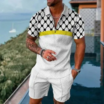 Naujas vasaros vyriškų kostiumų tendencijos 3D spausdinimas Polo marškinėliai su užtrauktuku + šortai Dviejų dalių rinkinys Minkštos mados laisvalaikio vyriškų drabužių sportinių kostiumų komplektas