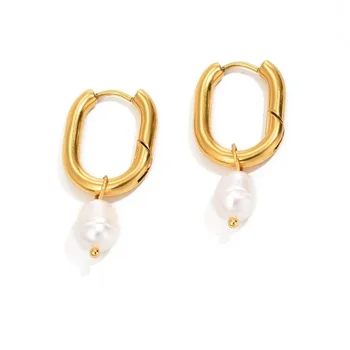 ALLNEWME Elegantiški natūralūs gėlavandenių perlų lankų auskarai moterims Moteriški 14K tikro aukso dengimo vario U formos pakabuko auskarai