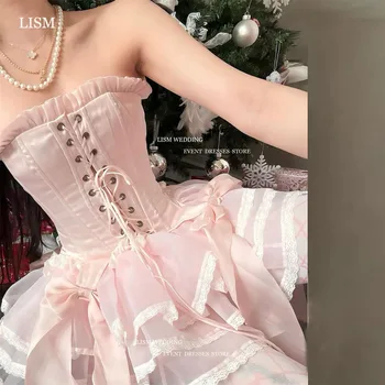 LISM Sexy Pink Corset Mini Short Formal Occasion Suknelės Be petnešėlių Pakopiniai Lankai A-Line kokteilinės suknelės Princesės moterims renginys