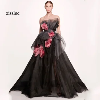 Oisslec vakarinė suknelė Gėlių aplikacija Prom suknelė Raukiniai iš suknelės be nugaros Įžymybių suknelės Organza vakarėlio suknelė Tinkinti