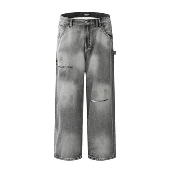 Dėvėti pilki gradiento džinsai vyrams ir moterims Laisvos plačios užuolaidos džinsinės kelnės Amerikietiškas skalbimas tiesių kojų kelnės Gatvės drabužiai