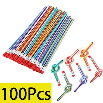 100vnt Linksmi pieštukai vaikams, stebuklingi lankstūs lankstūs spalvingi juostelės minkštos gumos pieštukai su trintukais klasės dovanoms