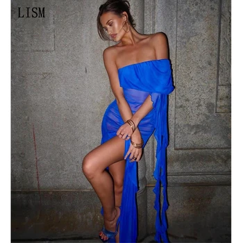 LISM seksualios mėlynos vieno peties šifono kokteilių vakarėlio suknelės be petnešėlių 2023 m. vakariniai prom chalatai plius dydis pagal užsakymą pagaminta apranga