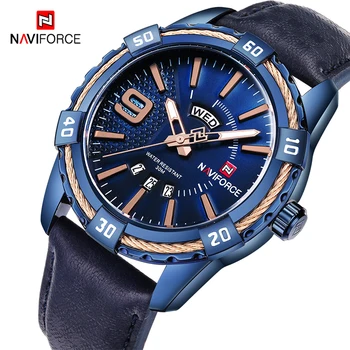 NAVIFORCE Mėlynas kvarcinis laikrodis Vyrai Karinis neperšlampamas laisvalaikio sportinis rankinis laikrodis Vyriškas madingas odinis dirželis