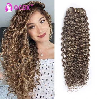 Kinky Curly Human Hair Weft Extensions Highlight Ombre Chocolate Brown To Caramel Blonde With Brown Root Remy Hair Pynimo ryšuliai