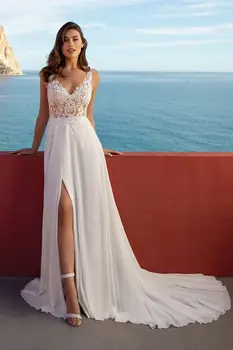 Paplūdimio vestuvinės suknelės nuotakų nėrinių aplikacijoms Šifonas Linijos nuotakos suknelė su traukiniu Ilgi vestuviniai chalatai moterims
