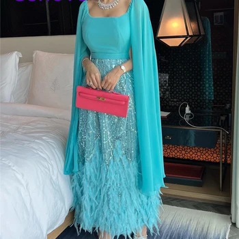 Blue Fashion A Line Long Length Prom suknelė Blizgučiai su plunksnomis Vakarinė vasaros elegantiška vakarėlio suknelė moterims 2023