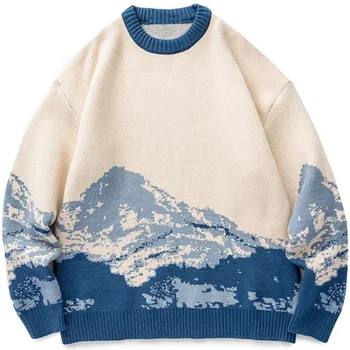 Vyrai Hip Hop Streetwear Megztinis Vintage Japoniško stiliaus Snow Mountain megztas megztinis Žieminis laisvalaikio megztinis Trikotažas