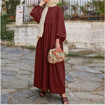 Saudo Arabija Moterys Elegantiški musulmoniški marškiniai Suknelė Oversized Puff Sleeve Hijab Caftan Islamiški drabužiai Casual Belted Jilbab Sundress