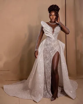 Afrikos prabangos pilno karoliuko šono plyšio vestuvinės suknelės lapų dizainas Nuimamas traukinys Moterys Dubajus Nuotakos chalatai 2024 Vestido De Casamen