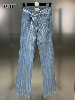 VGH Patchwork Pockets Casual Denim Kelnės moterims Aukštu juosmeniu Sujungtos sagos Gatvės drabužiai Tiesūs džinsai Moteriškas mados stilius