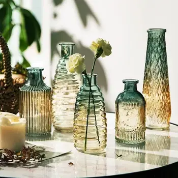 hidroponinio stiklo vaza Retro reljefinė skaidri dekoratyvinė vaza svetainės gradiento spalva namų gėlių kompozicijos papuošalai