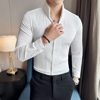 Fashion Deep V-Neck marškiniai vyrams Prabangus dizaineris ilgomis rankovėmis dryžuoti smokingo marškiniai Man Turn-Down Collar Casual Business Camisas