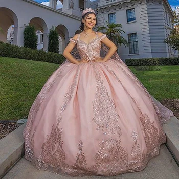 Haute Couture Pink Sweetheart Ball Gown Quinceanera Dresses Tulle Lace Formal Vestido Quinceanera 2023 Princess Party suknelė