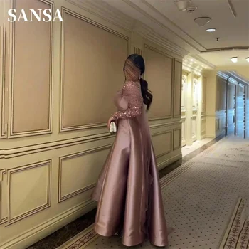 Sansa Luxury Rose Pink A-line Prom suknelė Sexy Sequins ilgomis rankovėmis فساتين سهره فاخره Elegant High Neck Satin Vestidos De Noche