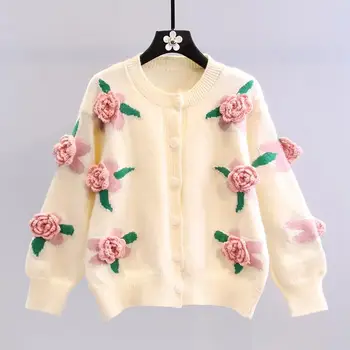 3D Gėlė Saldus moteriškas Megztinis Paltas ilgomis rankovėmis O-Kaklas Viena krūtinė Laisva Fashion Smėlio spalvos megztinis Striukė 2023 Ruduo Nauja