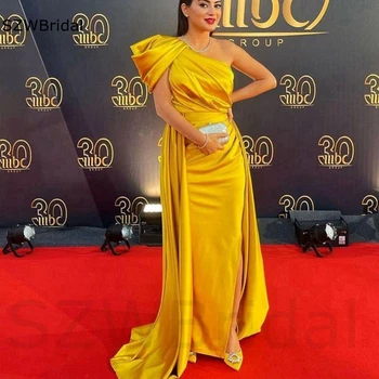 New Arrival Gold Yellow Oficialios suknelės moterims 2024 Vieno peties satinas Ilgos vakarinės suknelės Plius dydžio vestidos de fiesta