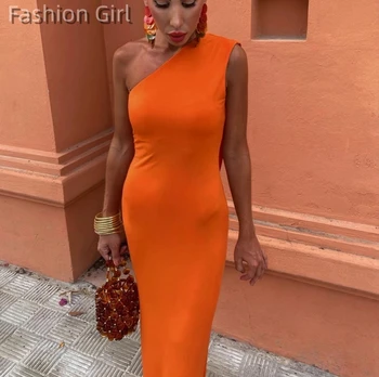 Elegantiška oranžinė vieno peties apvalkalo undinėlė vakarinė suknelė ilgomis rankovėmis 