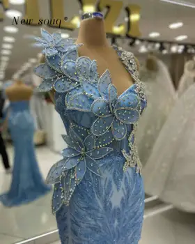 Šviesiai mėlyna Spindesio kristalai Undinėlė Vakarinės suknelės Lapai Gėlių dizainas Ilgi oficialūs moterų vakarėlių chalatai 2024